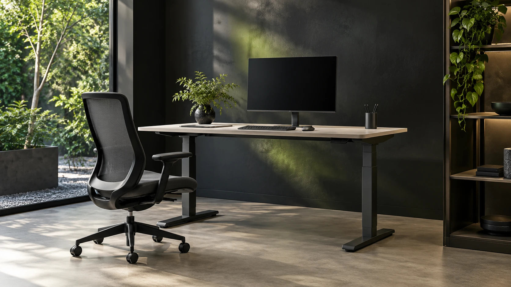 A contemporary home workspace with a standing desk, ergonomic chair and organized shelving
