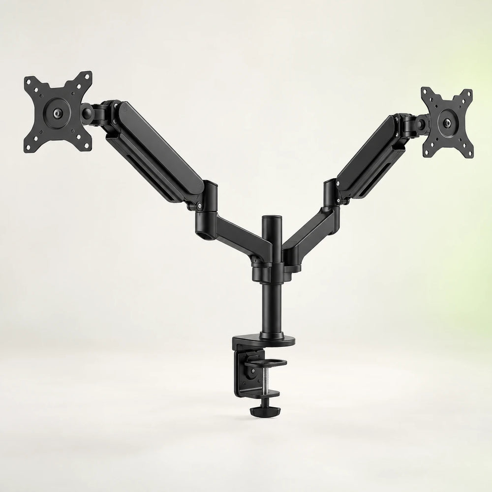 Black adjustable dual monitor arm with two mounting plates