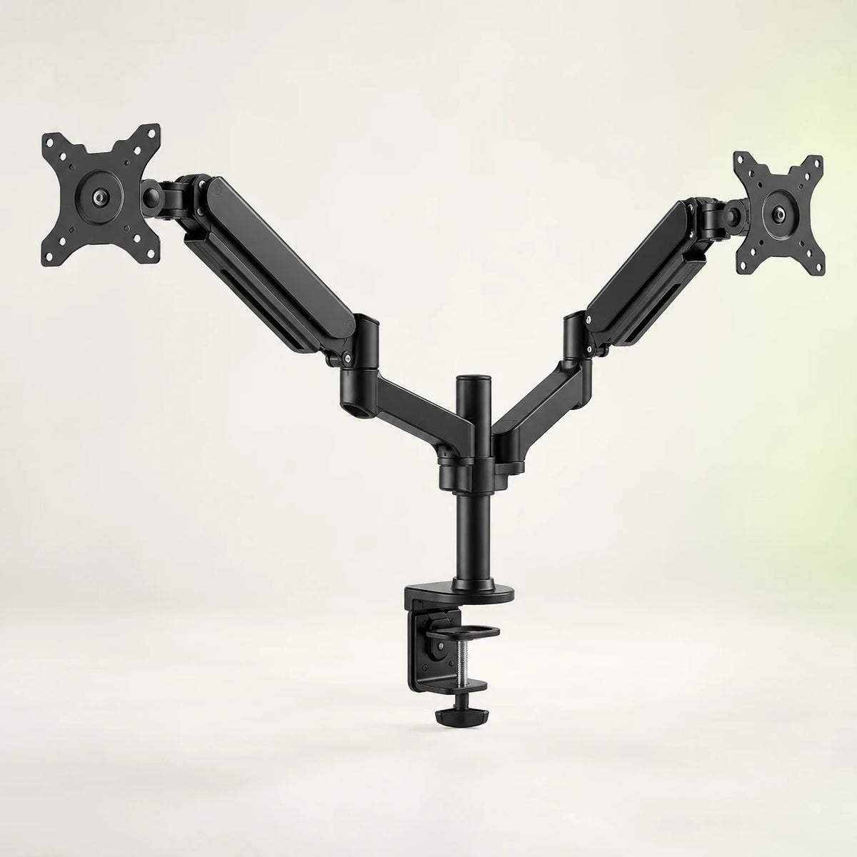 Black adjustable dual monitor arm with two mounting plates