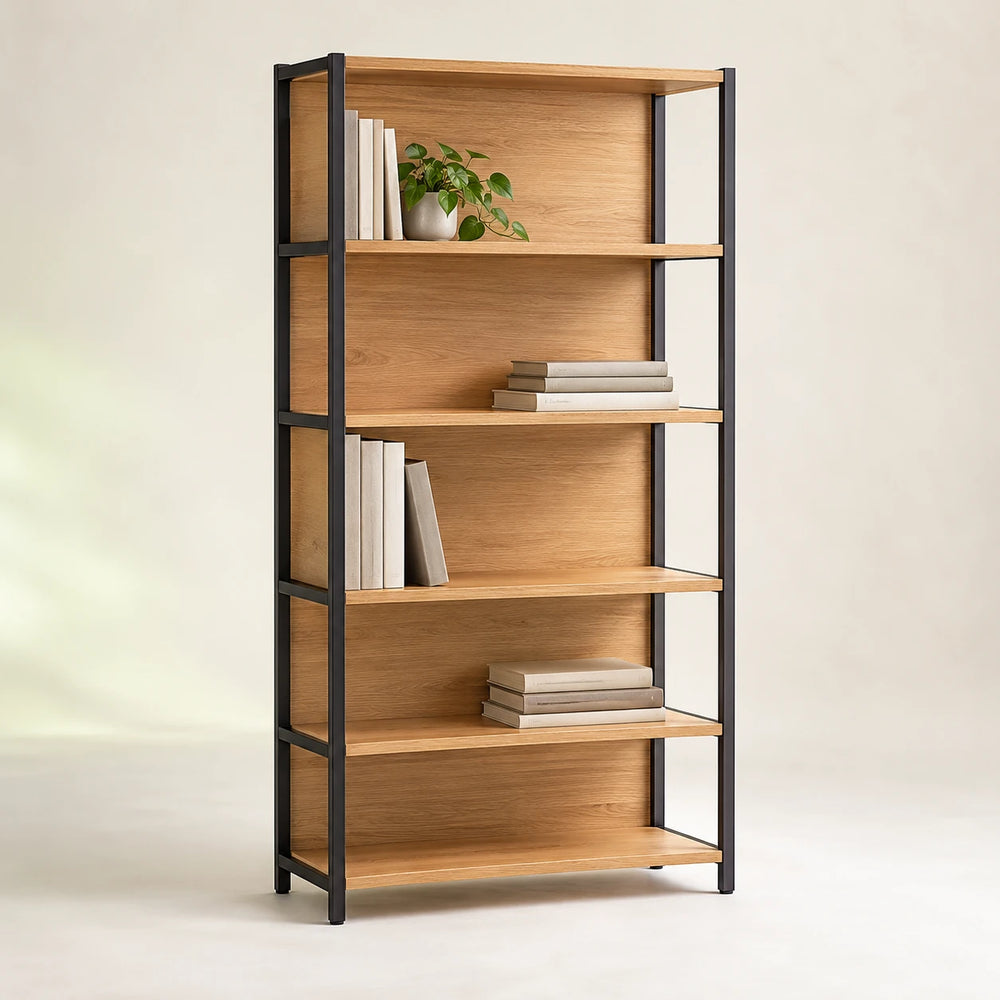 Office storage bookshelf with light shelves and a dark frame