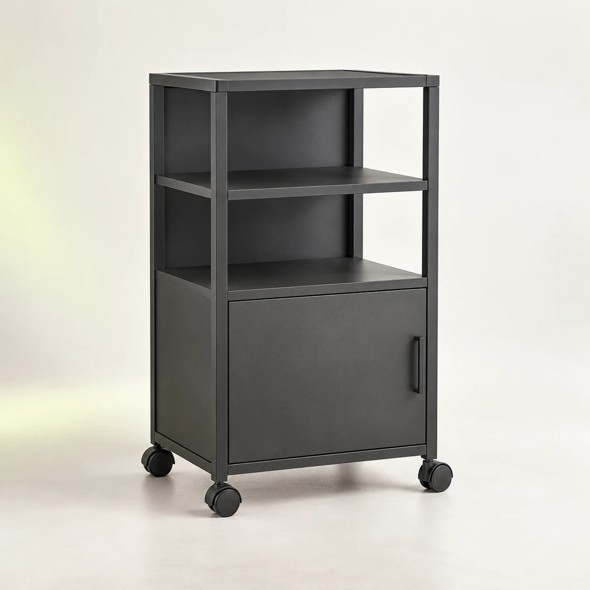 Rolling storage cart with open shelves and a closed lower compartment