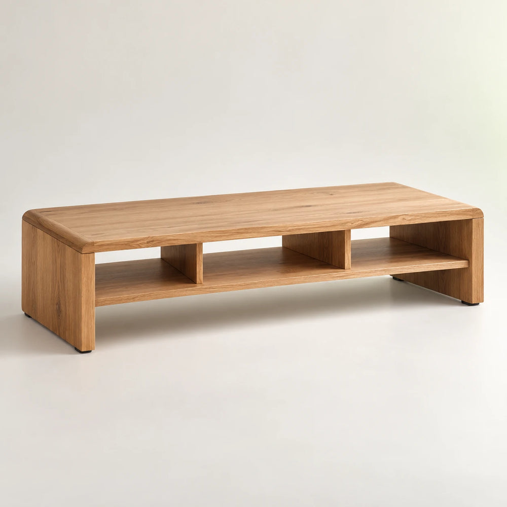 Wooden monitor stand with open accessory compartments